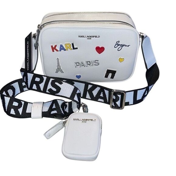 Karl Lagerfeld Maybelle Crossbody Bag Double Zip White With Pins Pouch NWT $228 - Picture 1 of 7